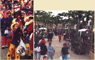 A gauche : masques et confettis au Carnaval,  droite : affluence pour la foire aux plantes de la Salicaire